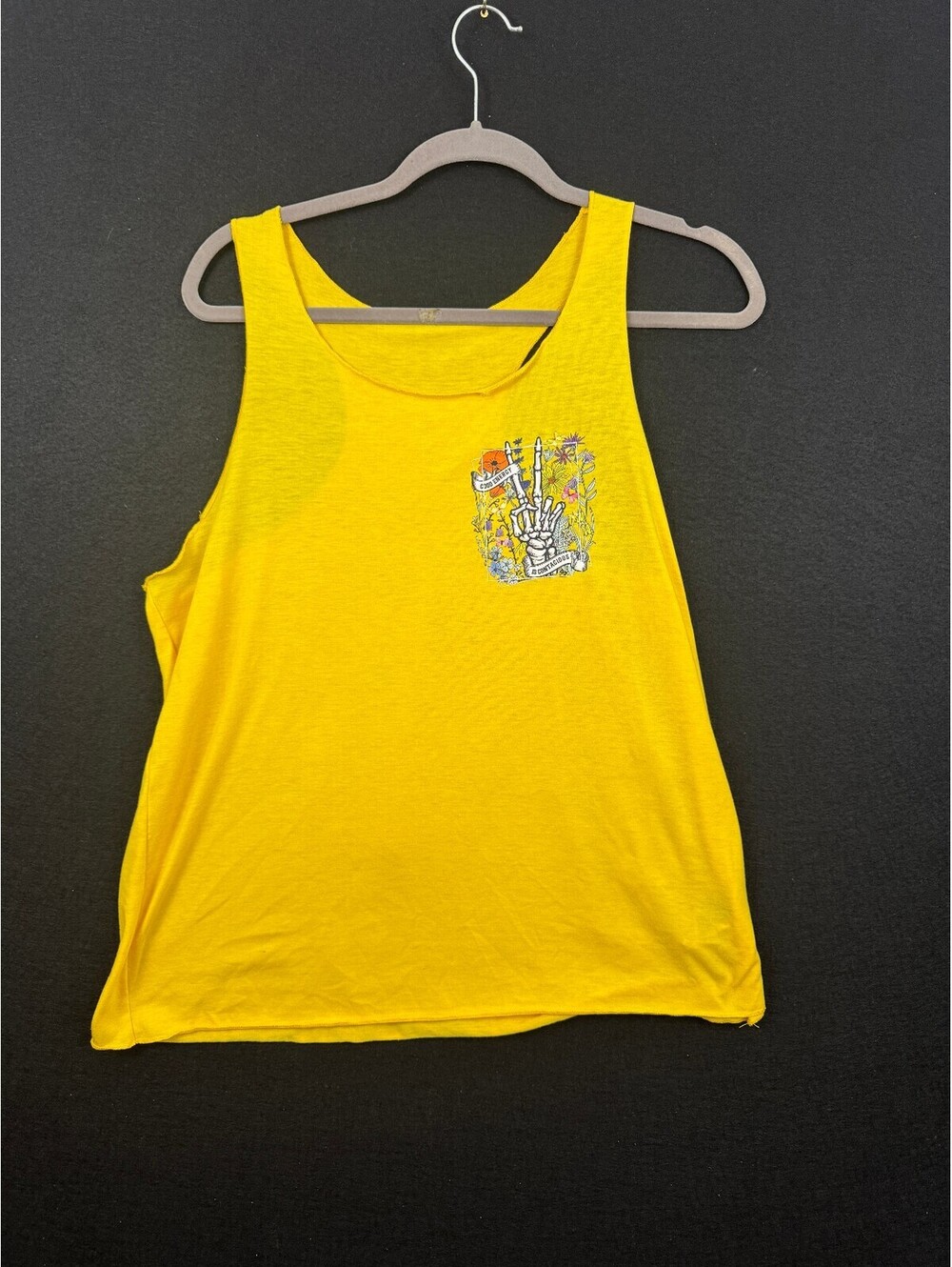 Yellow Graphic Racerback Tank Top with Peace Sign Skeleton Hand X-Large